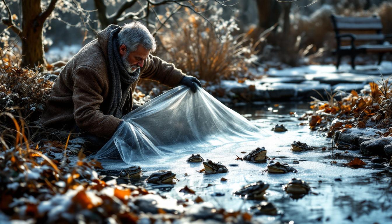 ontdek hoe dit mini-vijvertje kikkers en padden beschermt tegen strenge vorst en hun overlevingskansen in de winter vergroot.