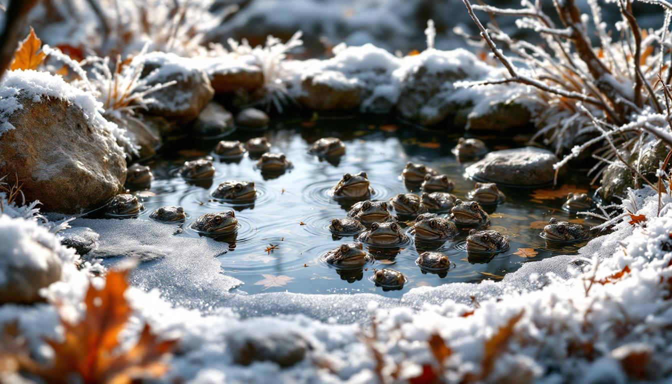 ontdek hoe een mini-vijver in uw tuin kikkers en padden beschermt tegen strenge vorst en hun overlevingskansen in de winter vergroot.