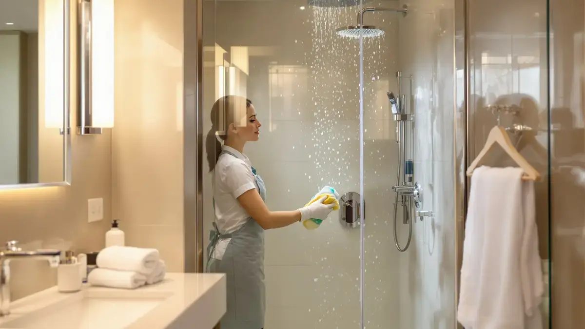 In grote hotels zorgt deze handeling ervoor dat de douchewanden langer schoon blijven