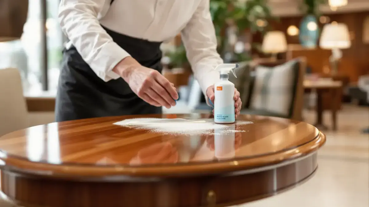 Hoteliers gebruiken deze handeling om te voorkomen dat stof zich weer op het hout ophoopt