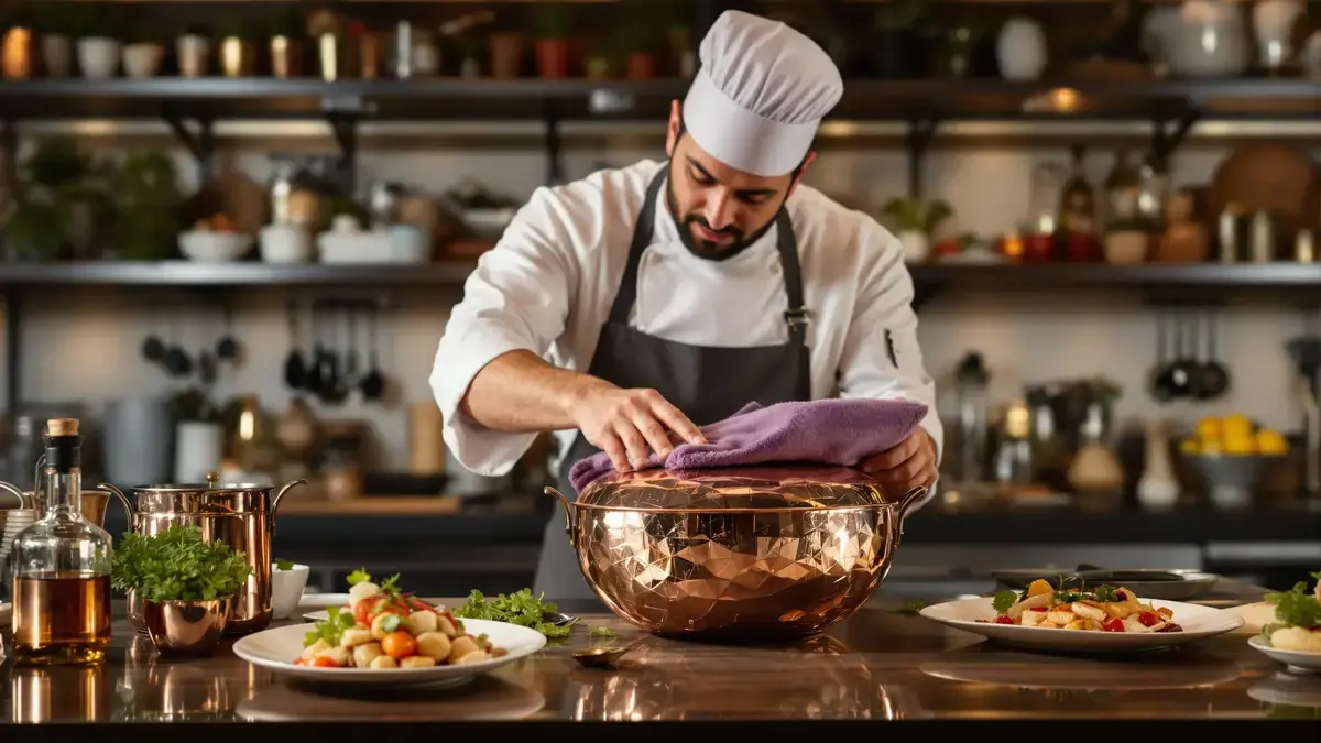 Koks gebruiken dit precieze gebaar om koper te laten glanzen zonder het te beschadigen