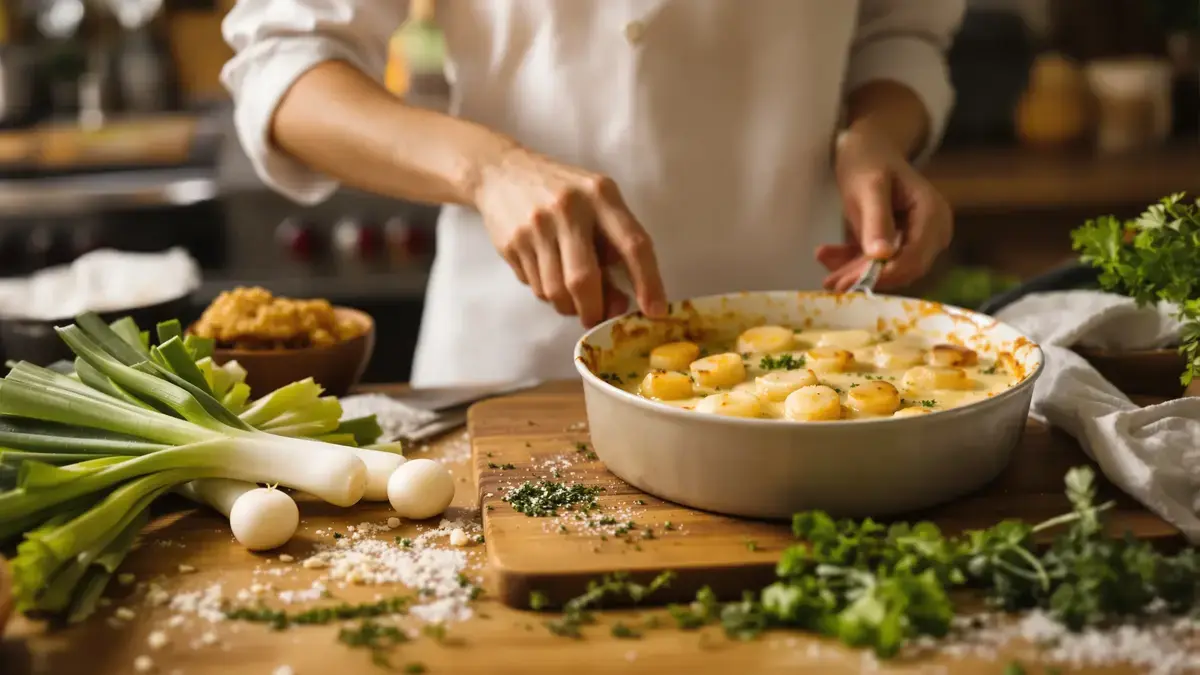 Waarom deze ovenschotel van prei en sint-jakobsschelpen werkt ondanks haar grote eenvoud