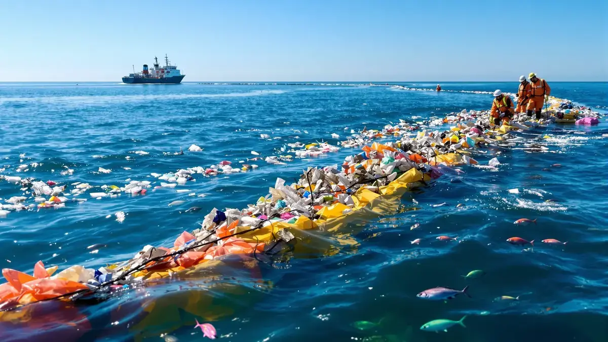 Drijvende barrières worden geplaatst om de plasticvervuiling in de oceanen te stoppen