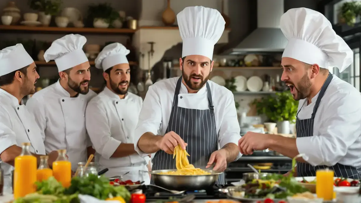 Italianen kijken met verbijstering naar de manier waarop de Fransen hun pasta koken en denken dat er een cultureel misverstand is