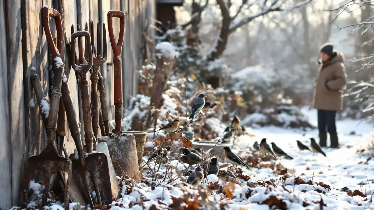 Oude tuingereedschappen, een onverwachte schuilplaats voor vogels tegen de winterkou