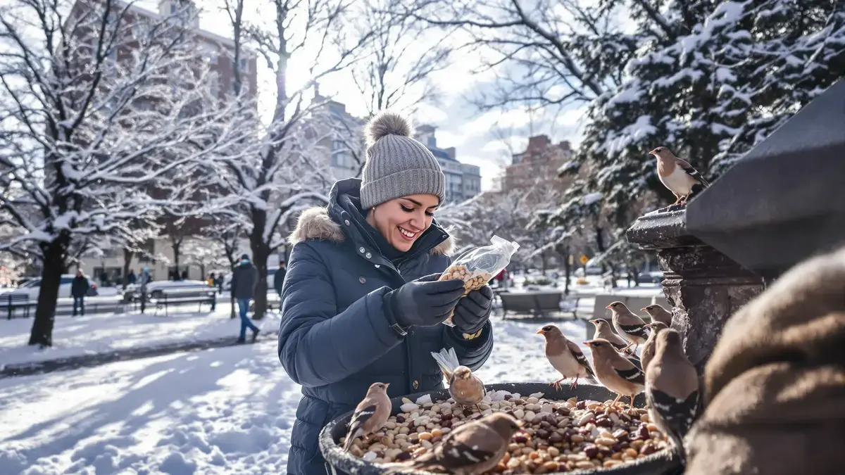 Het voeren van vogels in de stad in de winter vereist precieze handelingen om ze niet in gevaar te brengen